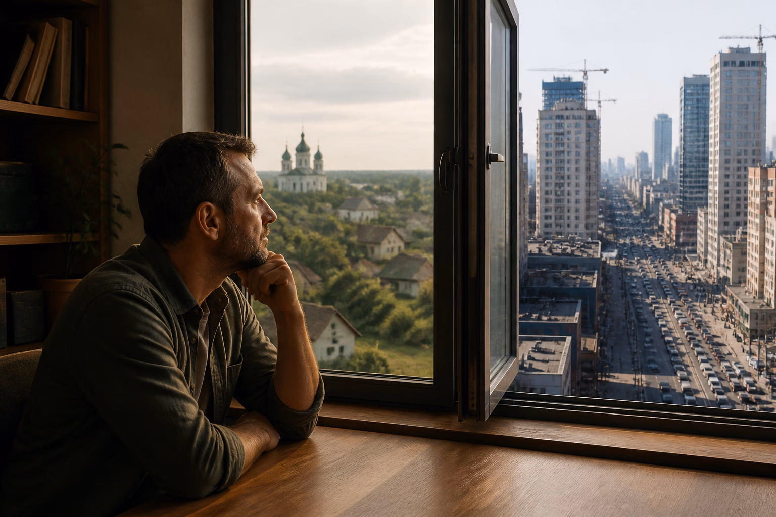 Чоловік замислено дивиться у вікно, що символізує межі прийнятного у суспільстві