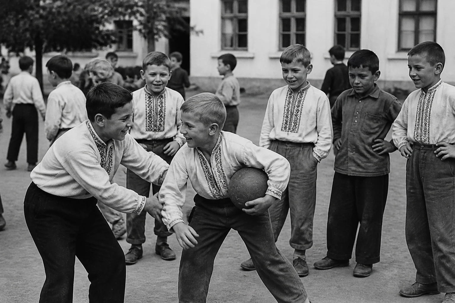 Група хлопчиків у шкільному дворі 1950-х років