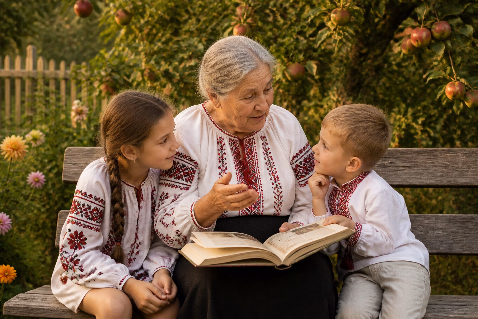 Бабуся пояснює онукам народні прислів’я у саду