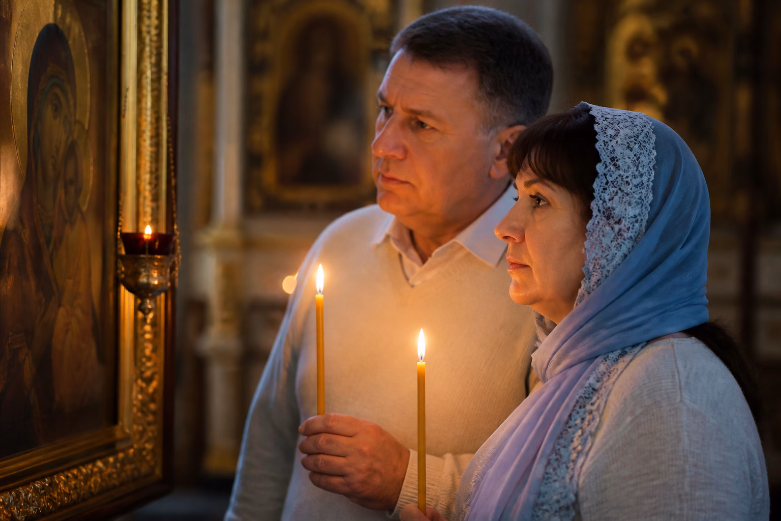 Хресні батьки зі свічками в церкві, серйозно дивляться на ікону