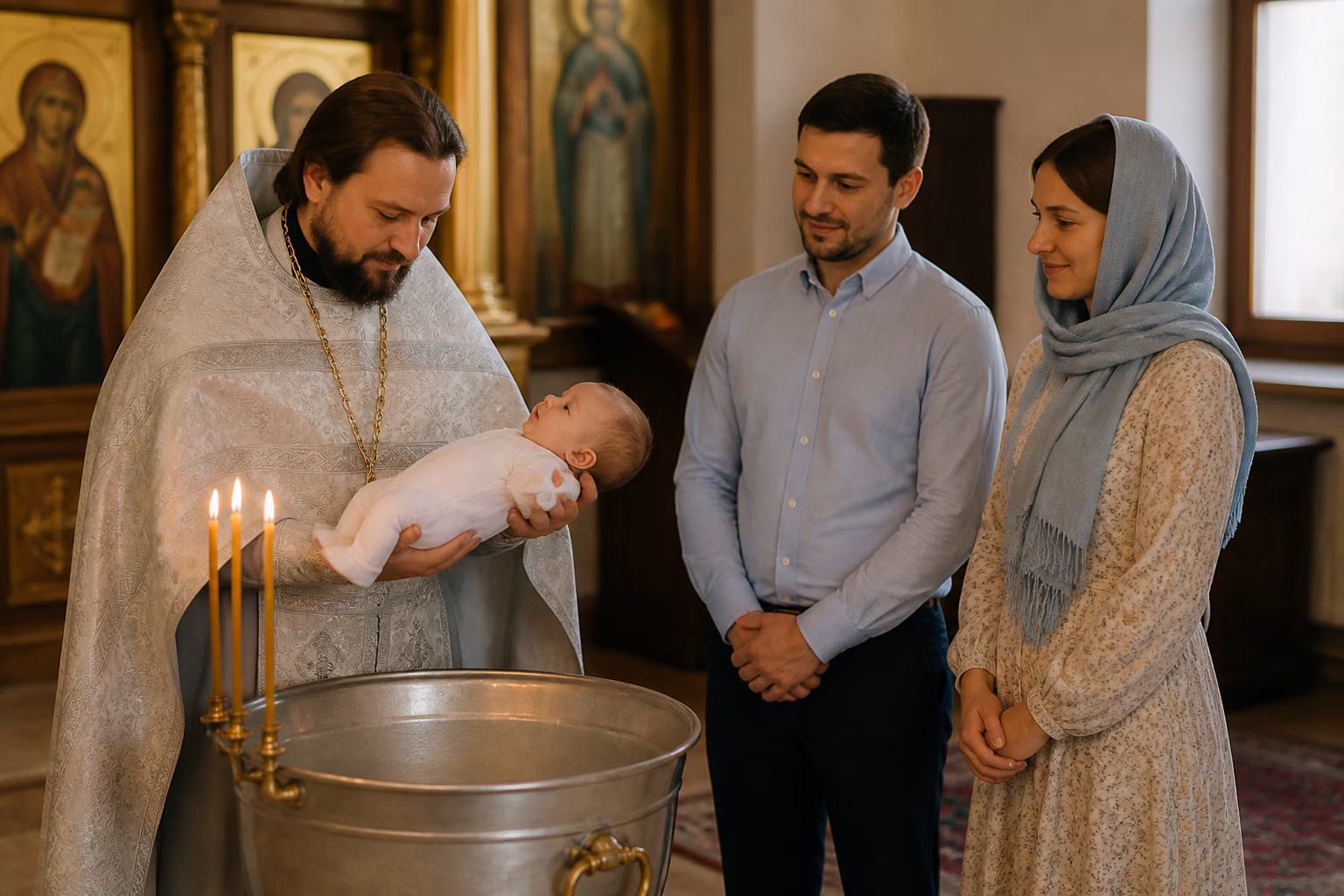 Священик тримає немовля над купіллю під час хрещення, поруч стоять хресні батьки