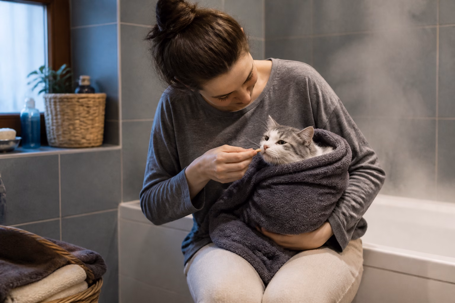 Господиня пригощає загорнутого в рушник кота ласощами після купання