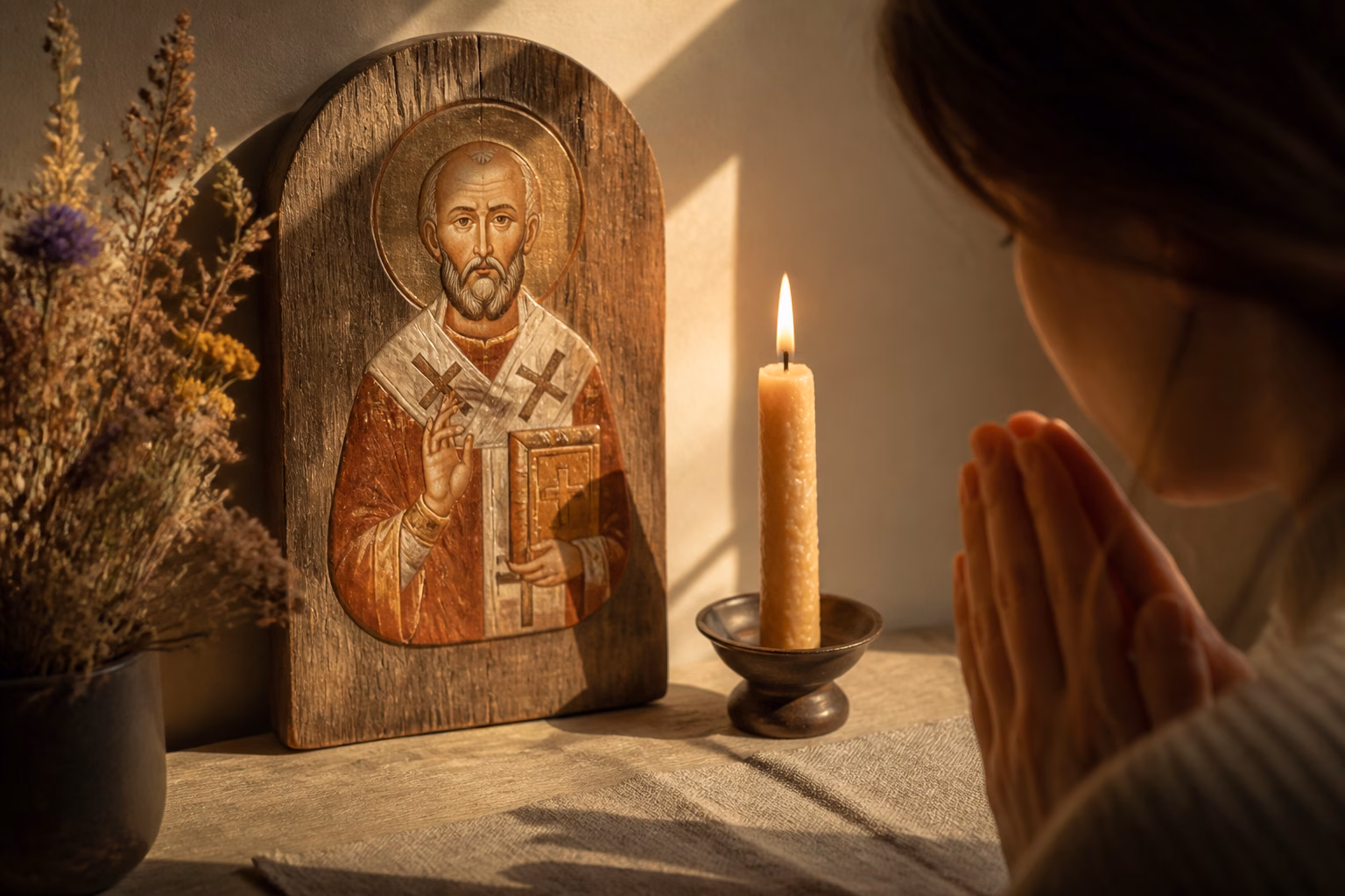 Ікона Миколи Угодника зі свічкою та квітами на домашньому вівтарі