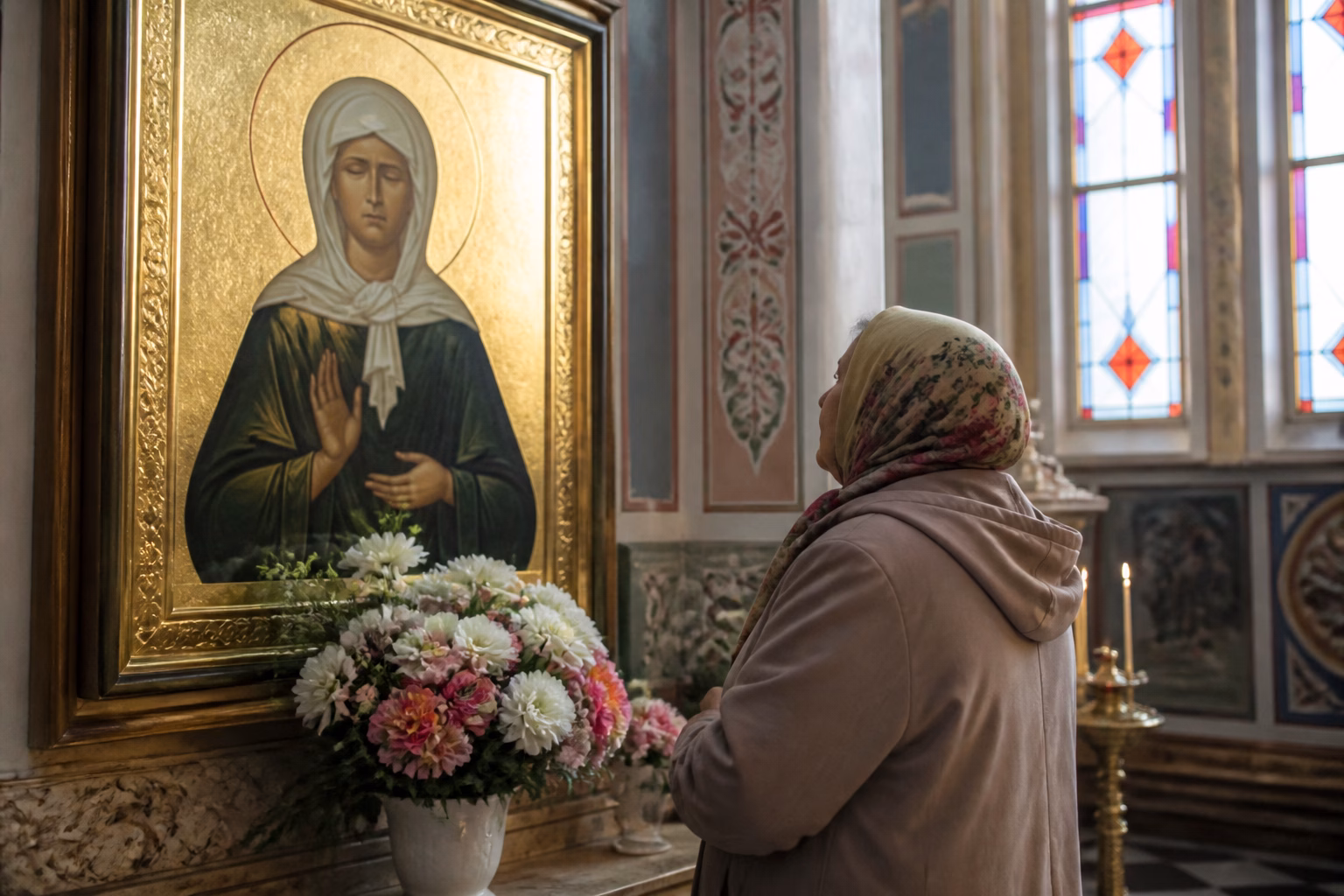 Літня жінка молиться перед іконою Матрони Московської у церкві