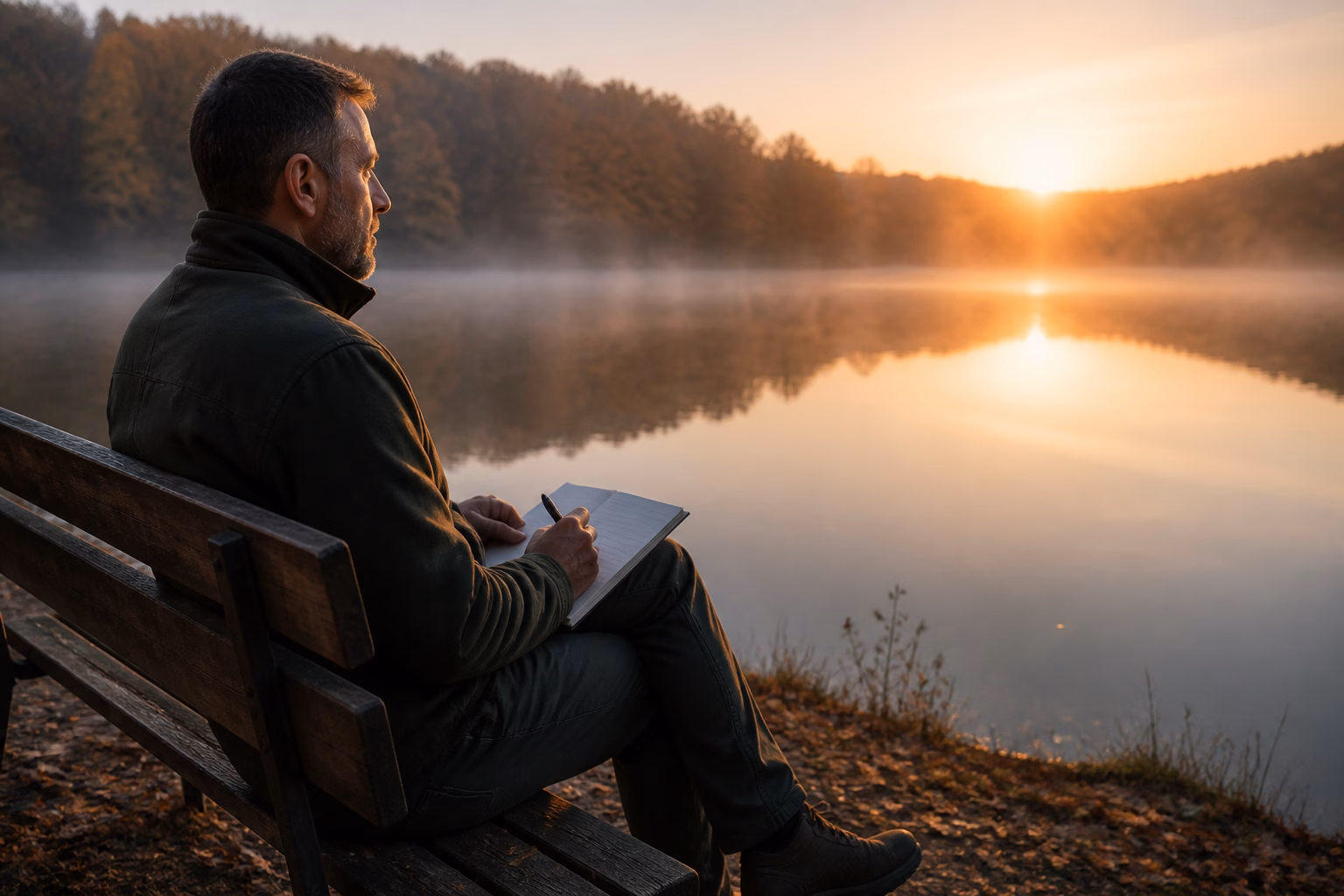 Чоловік записує бажання в блокнот на березі озера на світанку