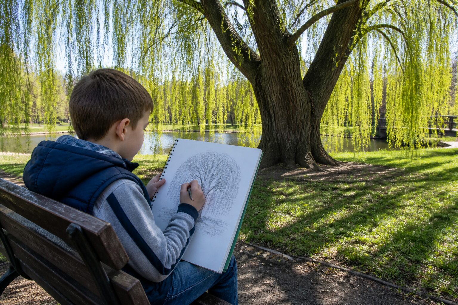 Дитина малює дерево верби на природі