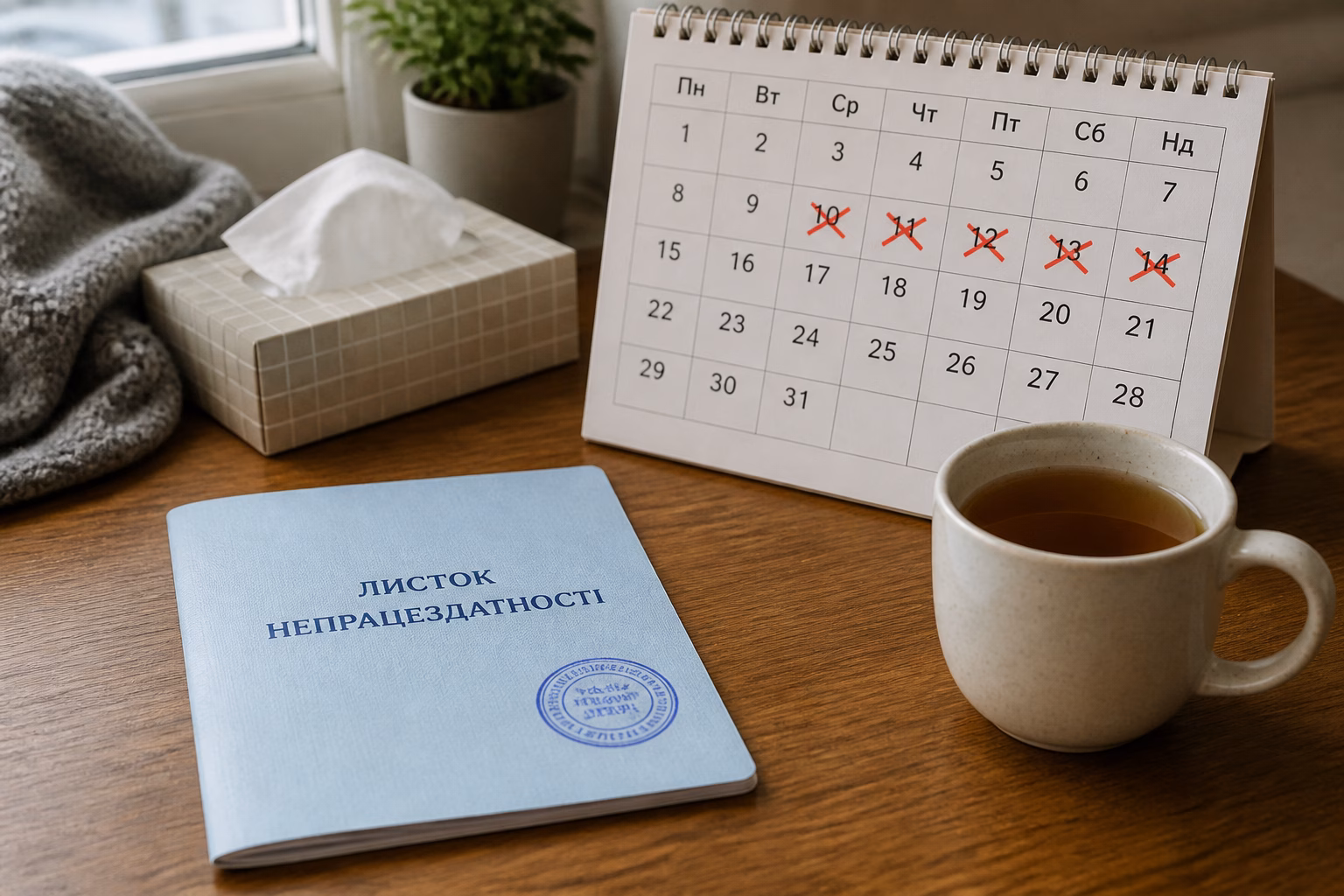 Лікарняний лист та календар на столі — підготовка до перенесення відпустки