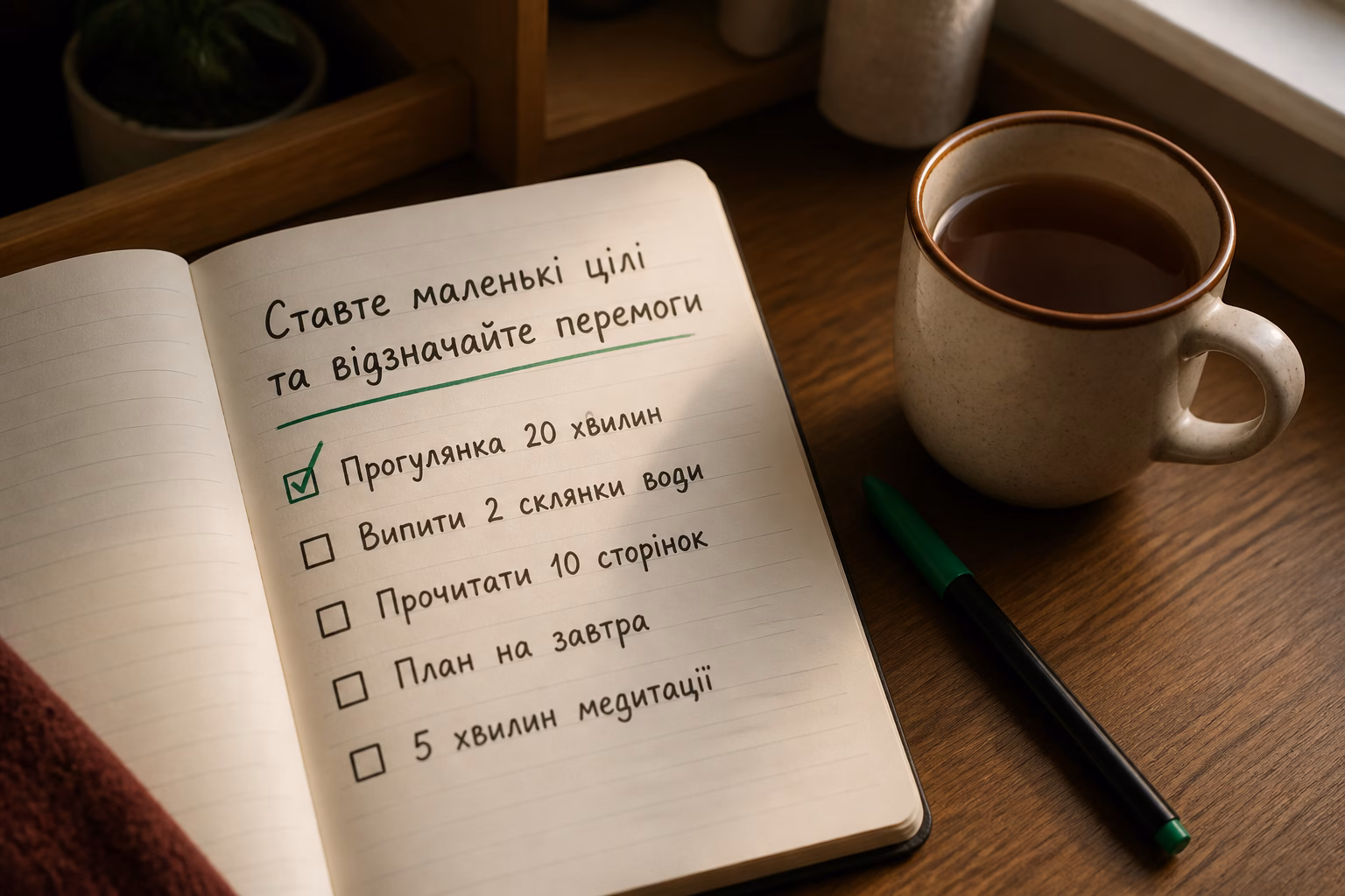 Блокнот із виконаними завданнями на столі як символ маленьких перемог