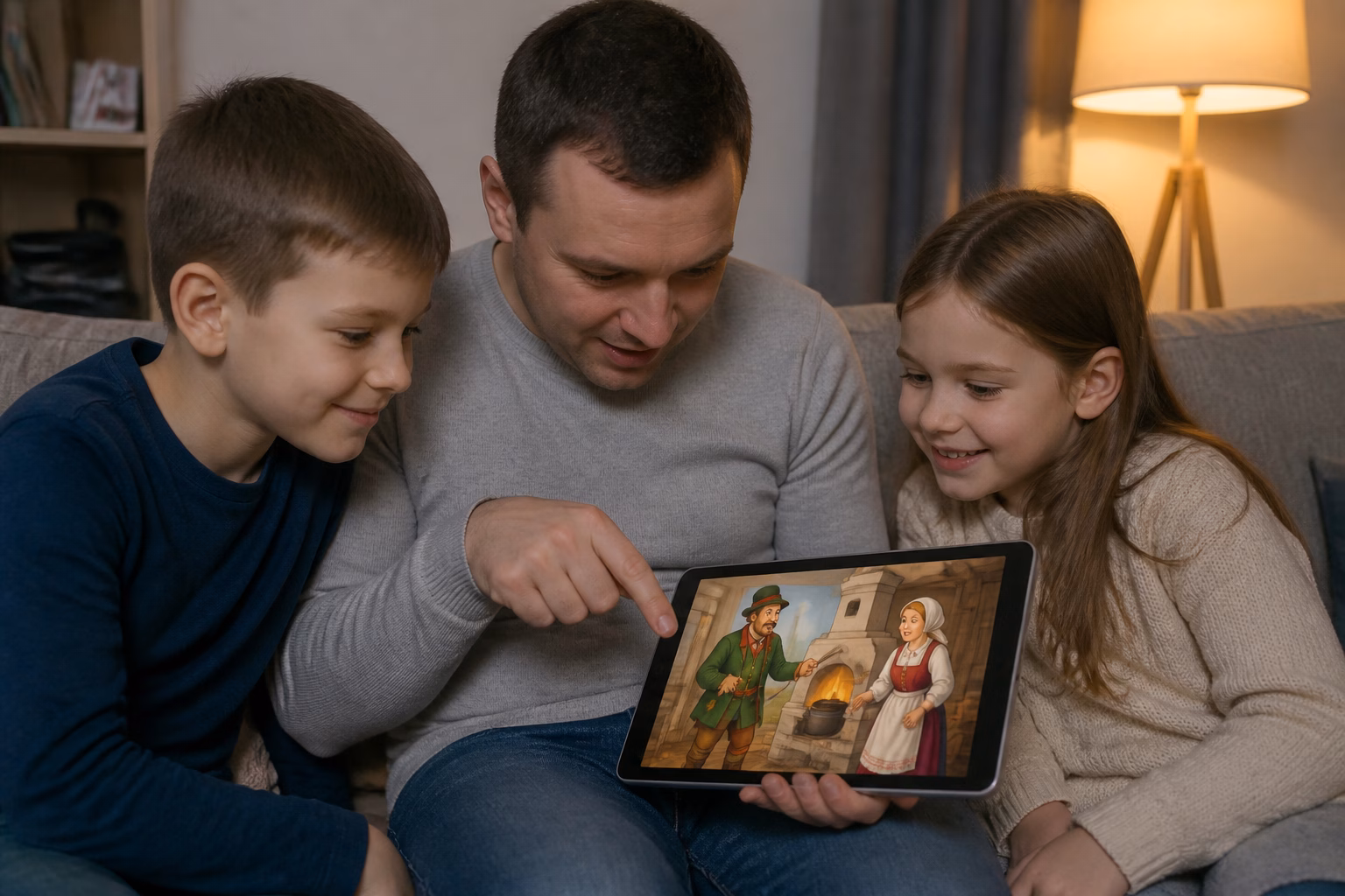 Батько з дітьми дивиться казку на планшеті у затишній кімнаті