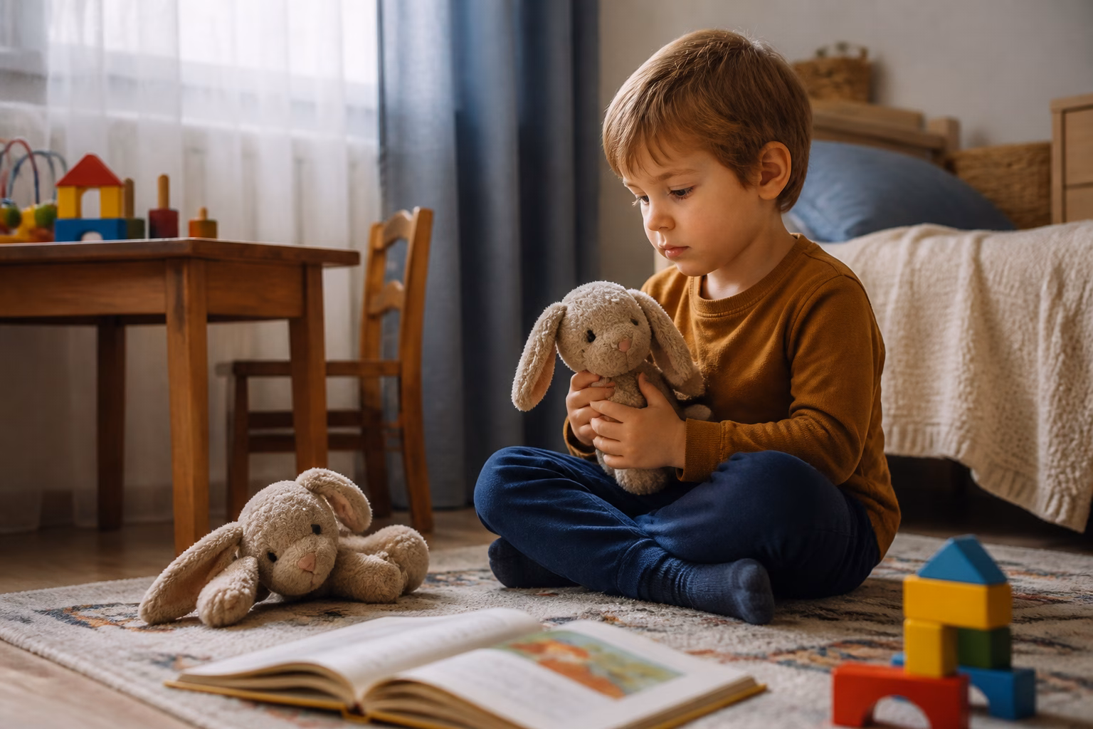 Дитина в кімнаті розглядає іграшку, поруч книжка з прислів’ями