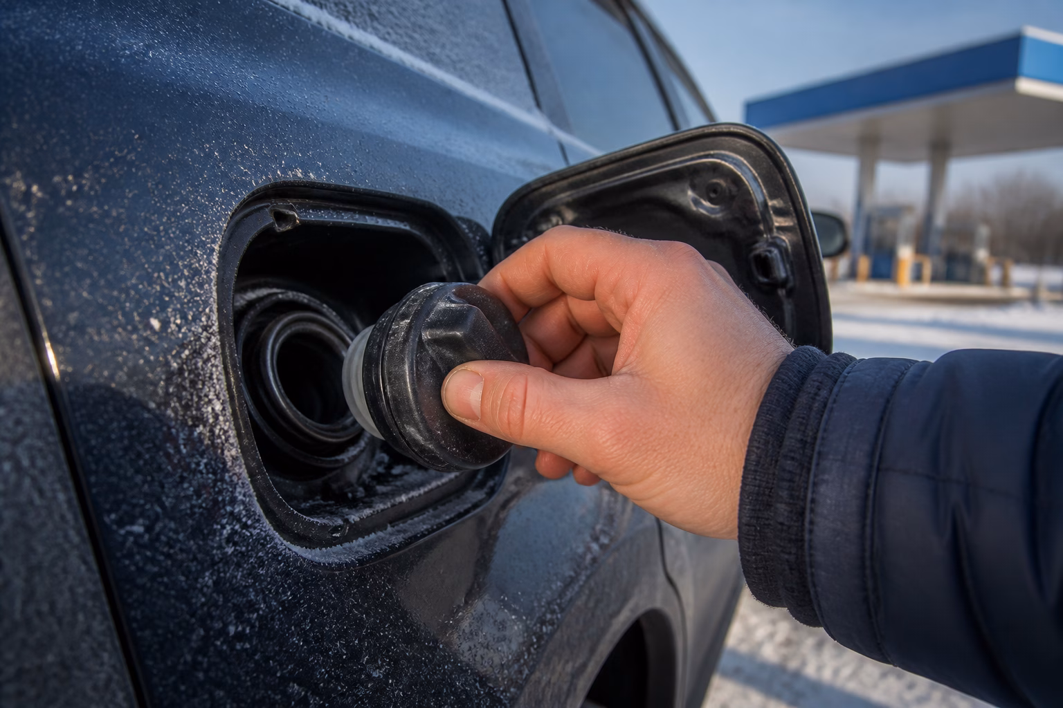Рука відкручує кришку бензобака автомобіля