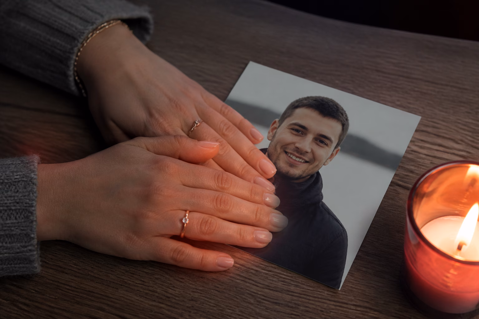 Жіночі руки на фотографії чоловіка при світлі свічки