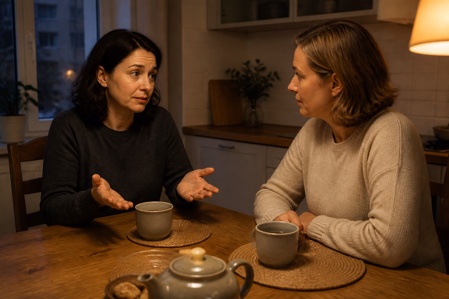 Дві жінки спокійно розмовляють за столом на кухні, одна з них пояснює свою відмову