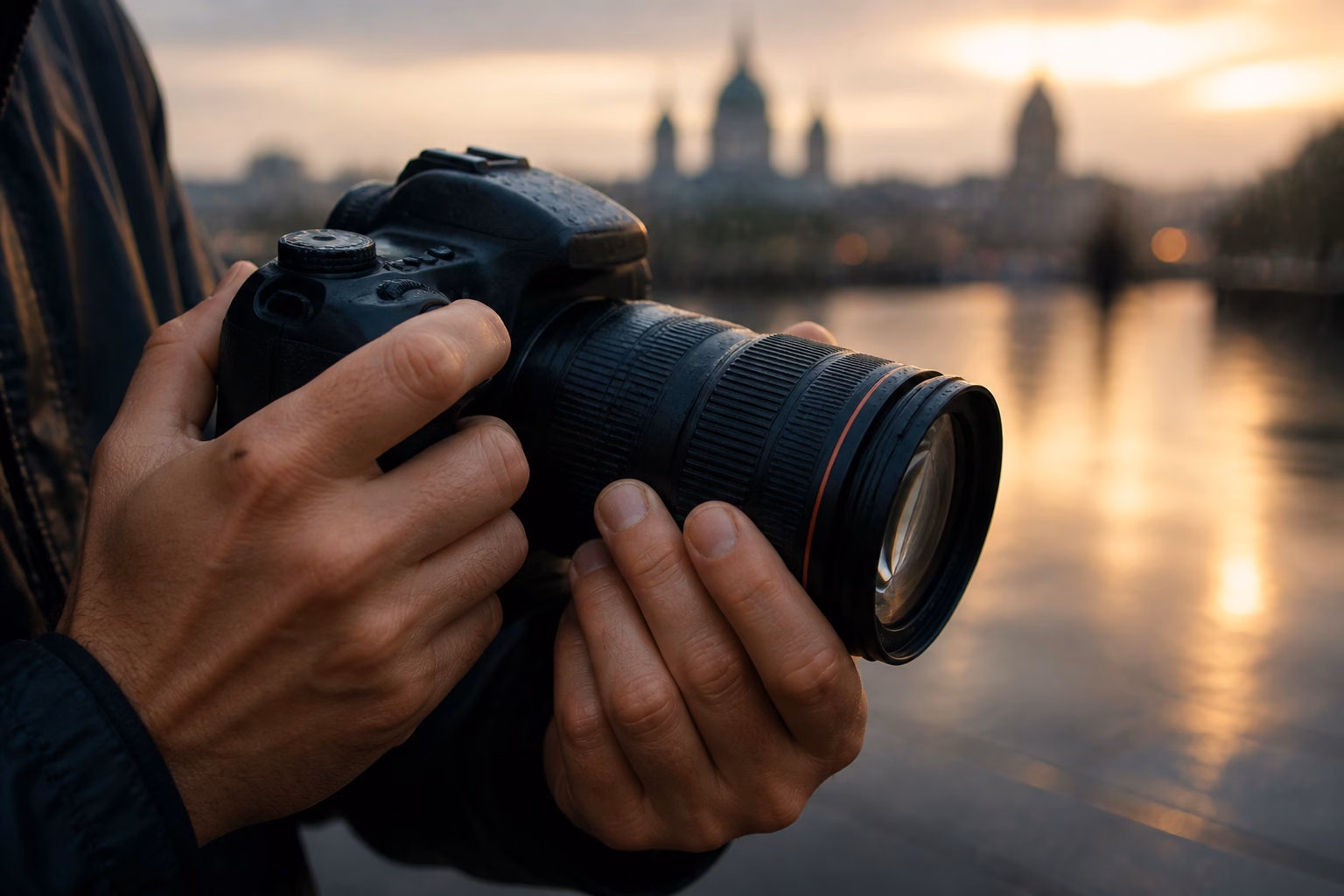 Чоловічі руки з професійним фотоапаратом на тлі міста