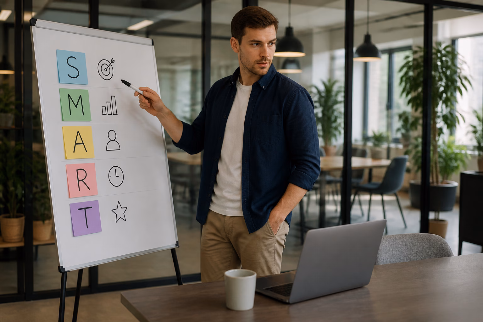 Чоловік біля дошки з цілями SMART у коворкінгу