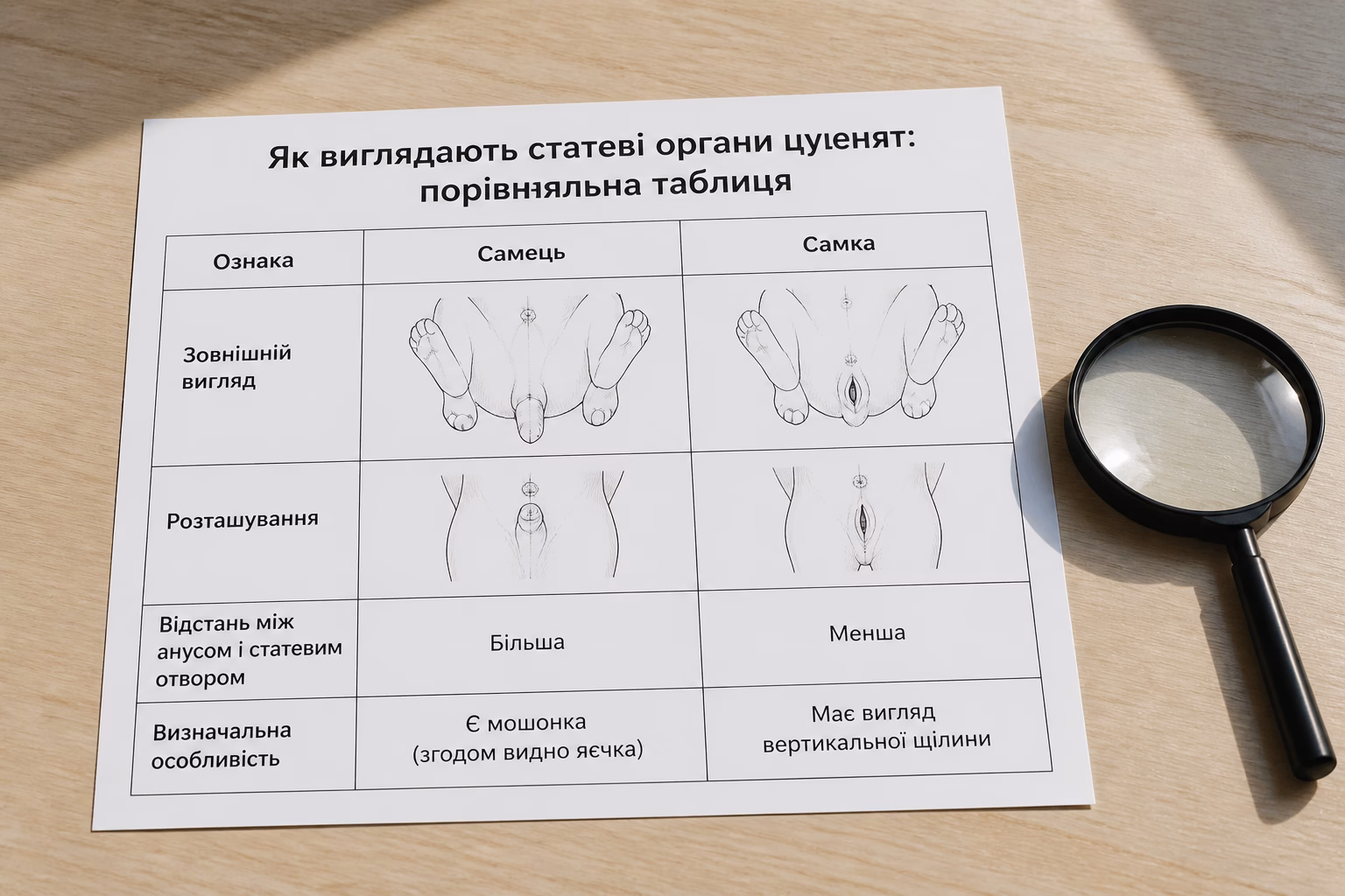 Схематичне порівняння статевих ознак цуценят: самця та самки