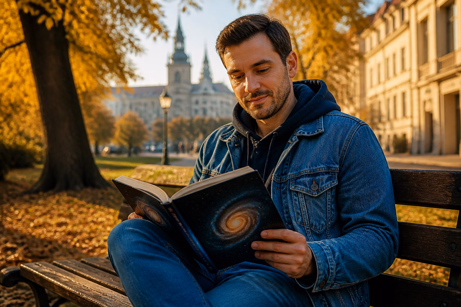 Чоловік-Водолій читає книгу на лавці в парку