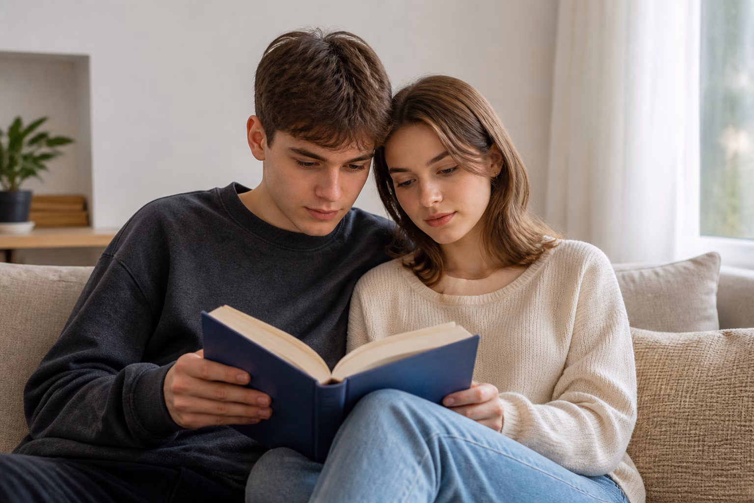 Молода пара читає книгу про стосунки вдома
