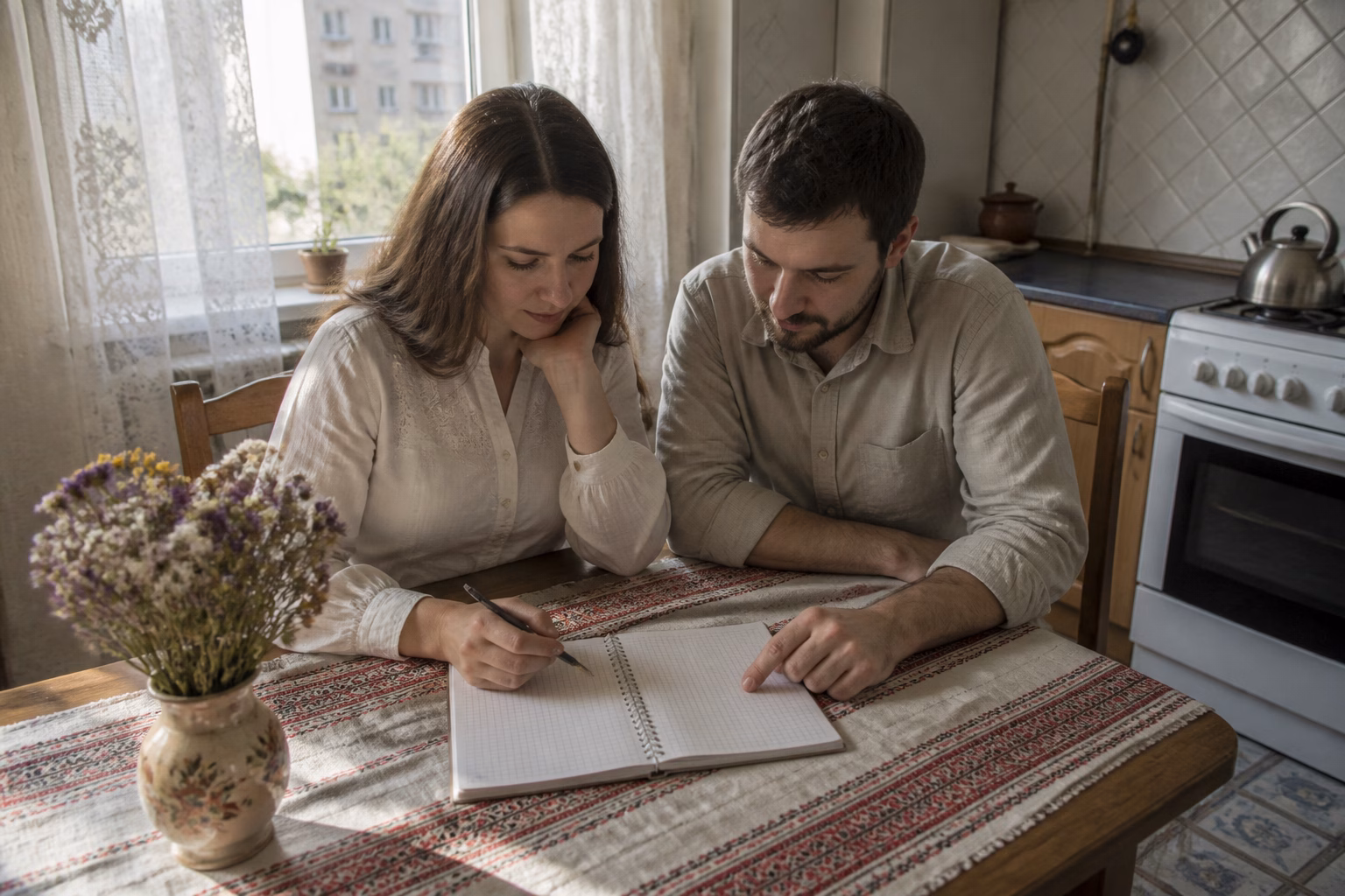 Батьки обговорюють жіночі імена до по батькові Дмитрівна за кухонним столом