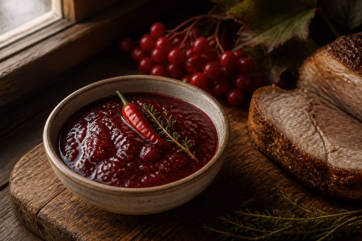 Пікантний соус із калини в керамічній мисці поруч із м'ясом