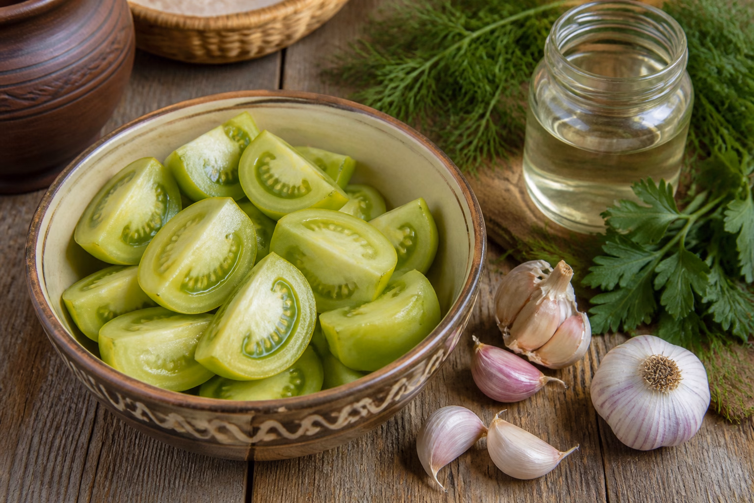 Мариновані зелені помідори часточками у мисці з часником та зеленню