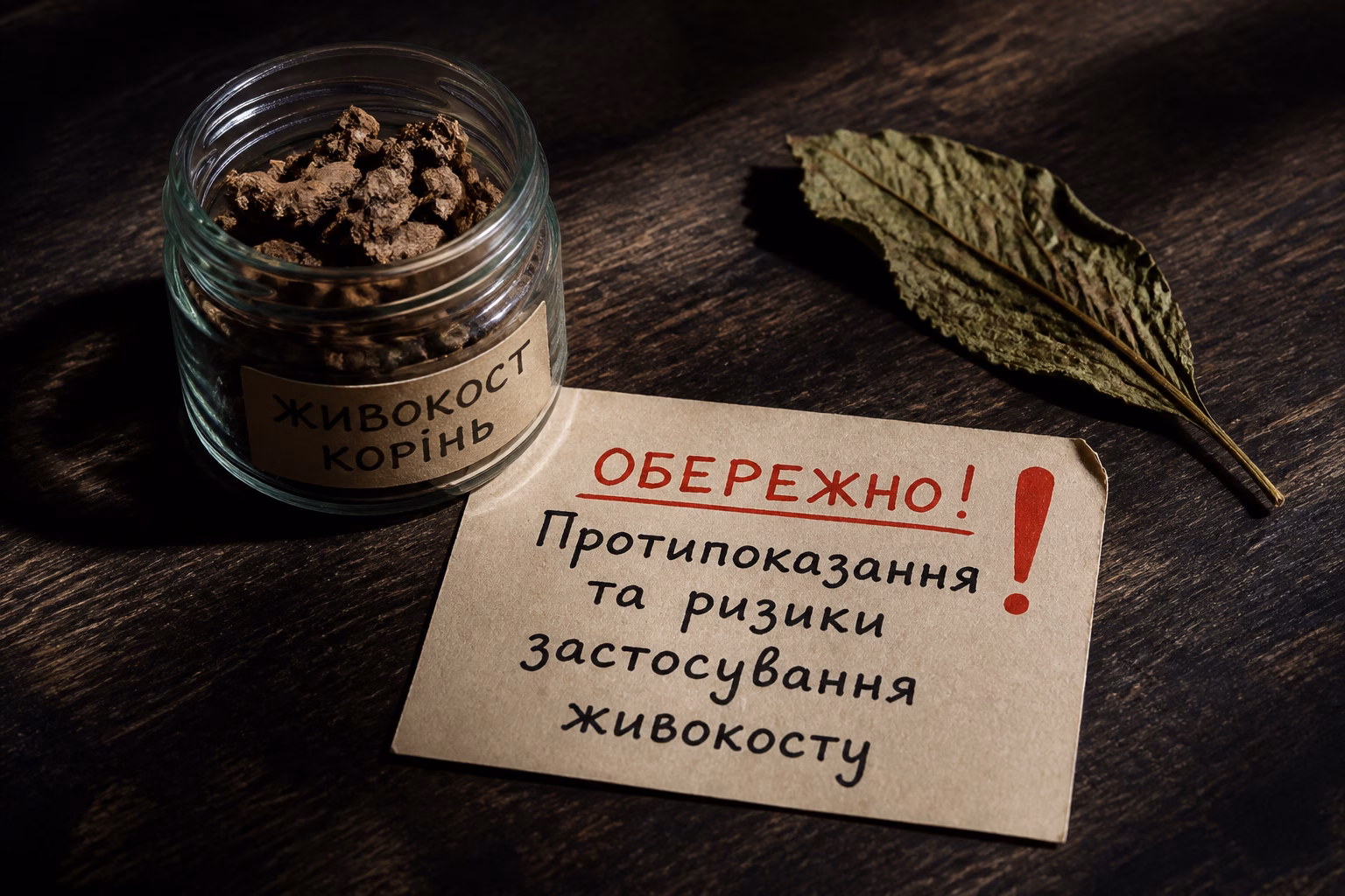 Попередження про обережне застосування живокосту: сухий корінь і застережна записка