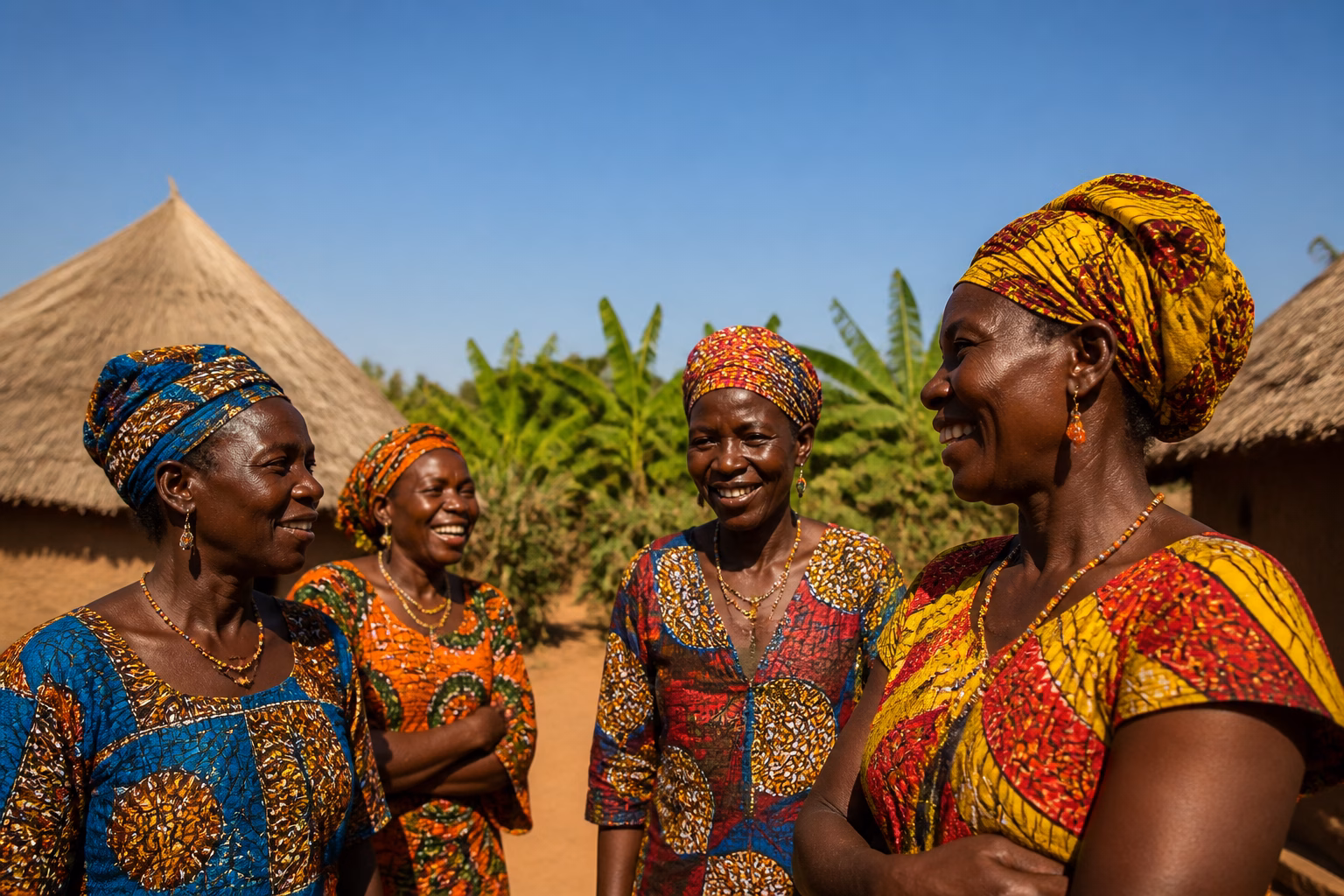 Жінки негроїдної раси в традиційному одязі на тлі африканського села