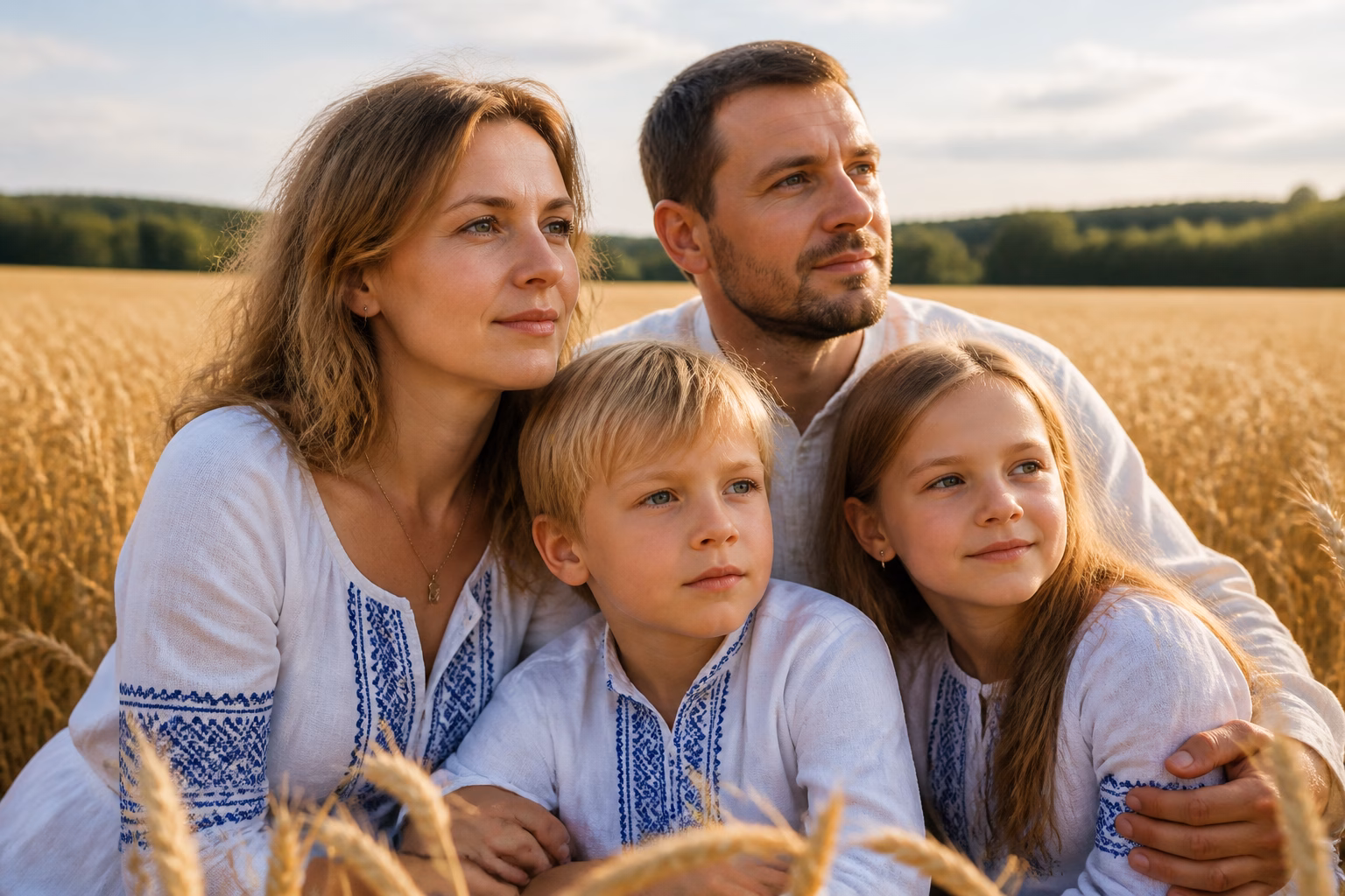 Родина європеоїдної раси у пшеничному полі з природним освітленням