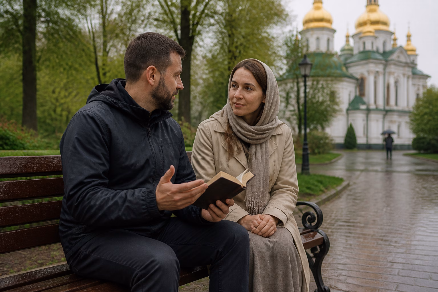 Чоловік і жінка розмовляють у парку, тримаючи молитовник