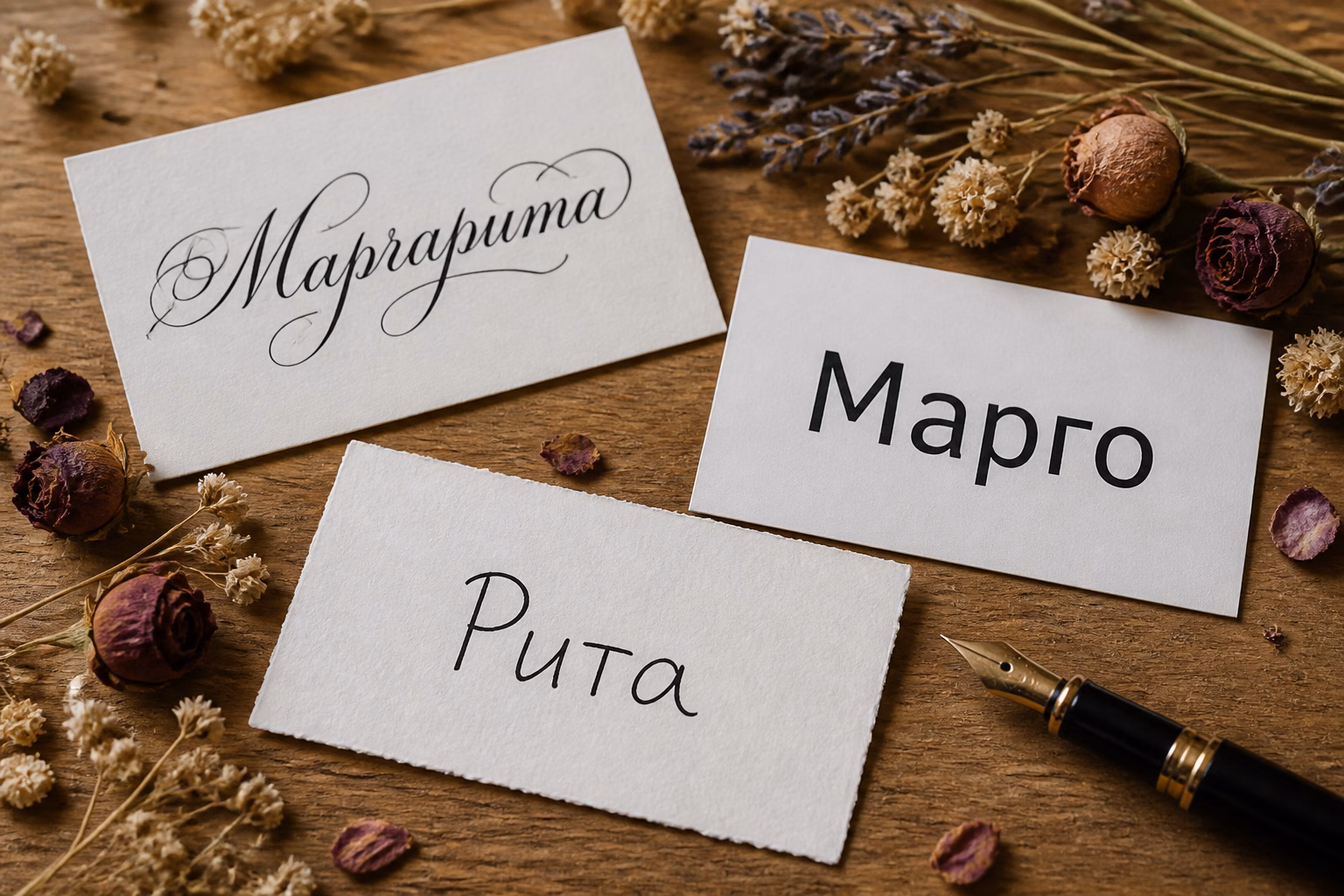 Три картки з варіантами імені Маргарита, Марго, Рита