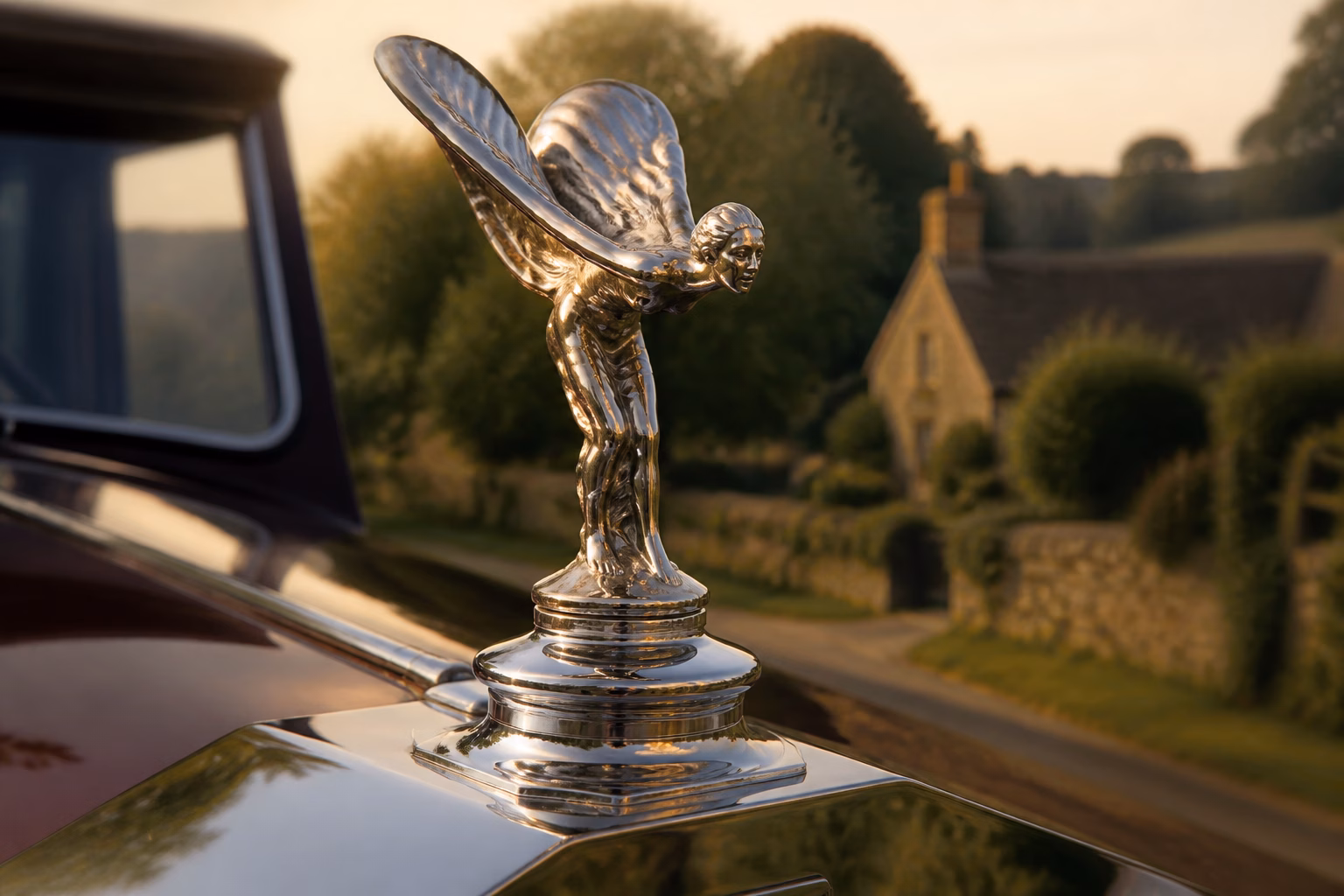 Статуетка «Дух захвату» на капоті Rolls-Royce на тлі англійського пейзажу