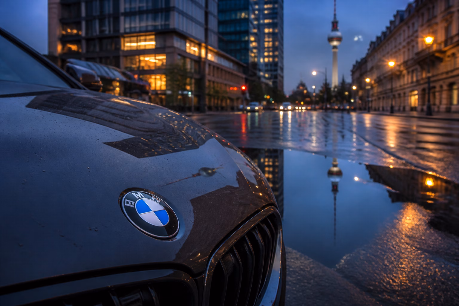 Емблема BMW на капоті автомобіля, що відображається у калюжі на вулиці Берліна