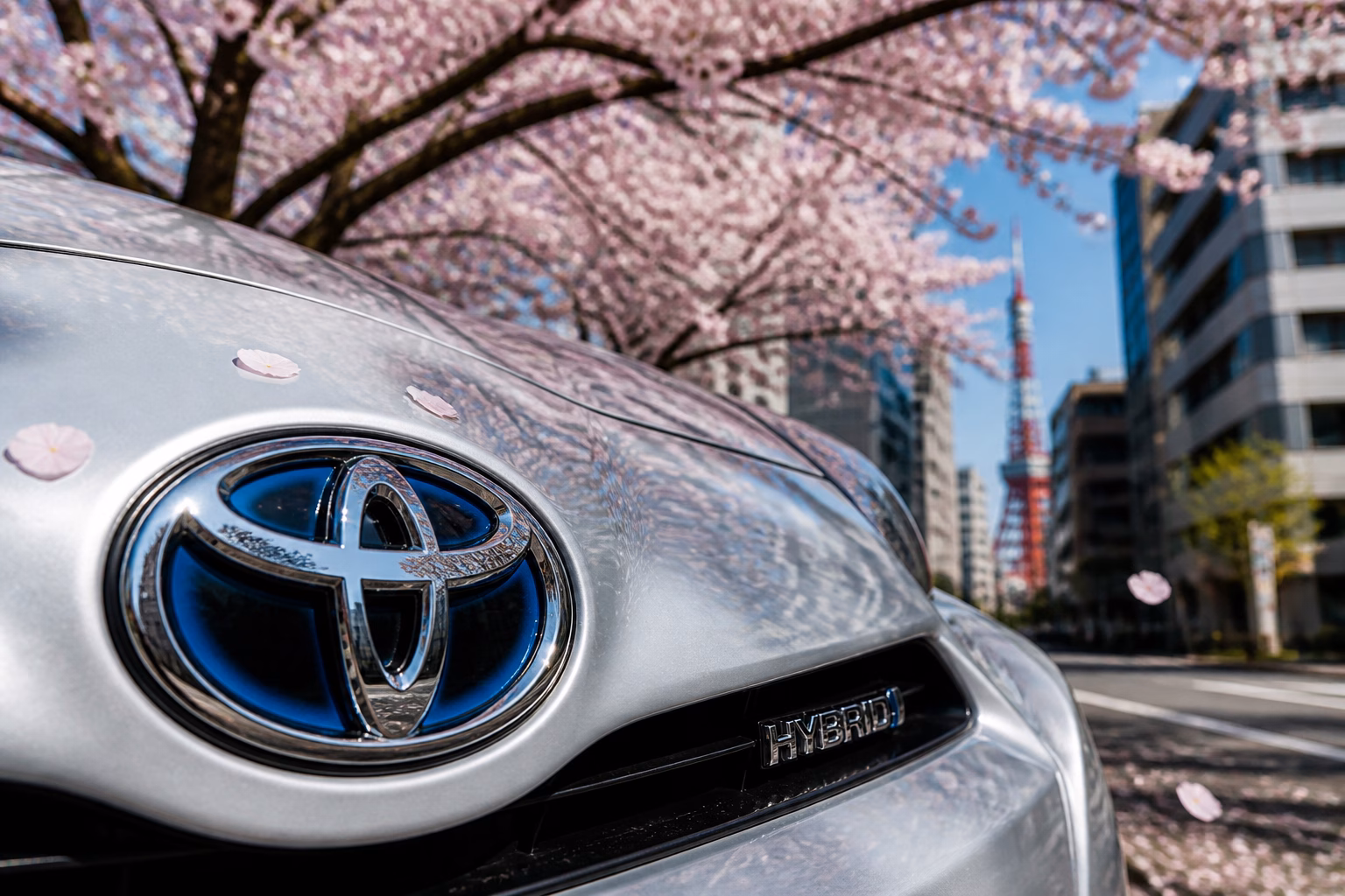 Емблема Toyota на автомобілі під квітучою сакурою в Токіо