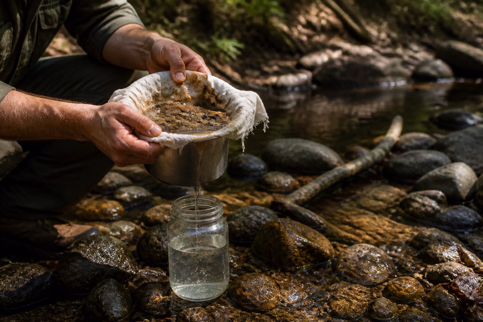 Фільтрація води через саморобний тканинний фільтр у лісі