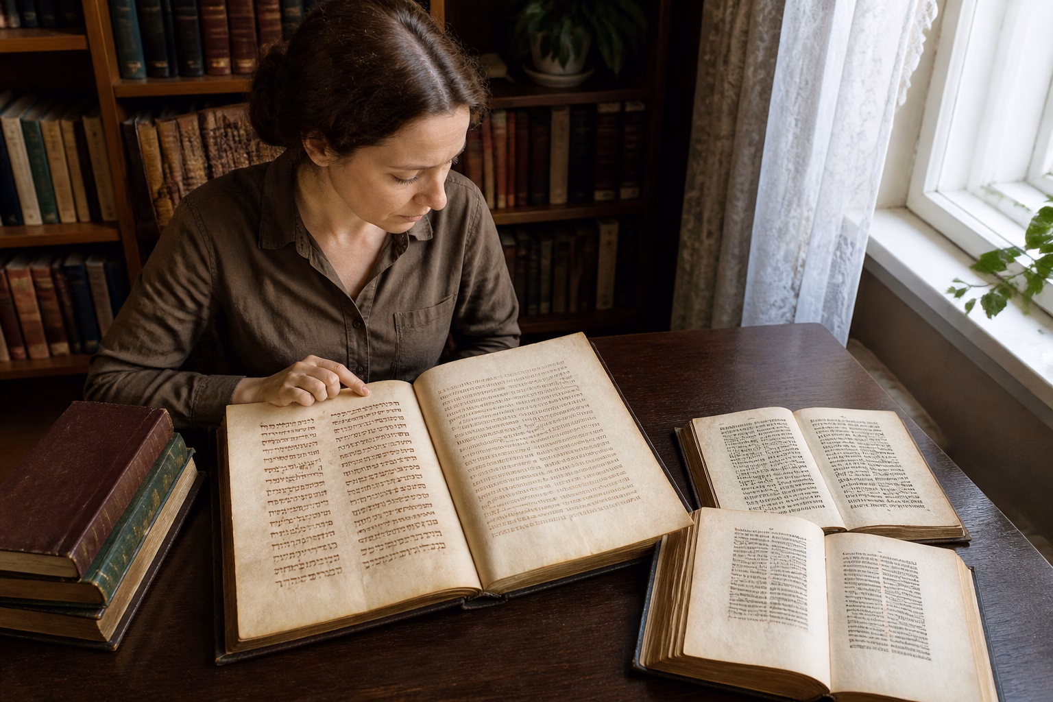 Жінка гортає старовинну книгу з написами різними мовами