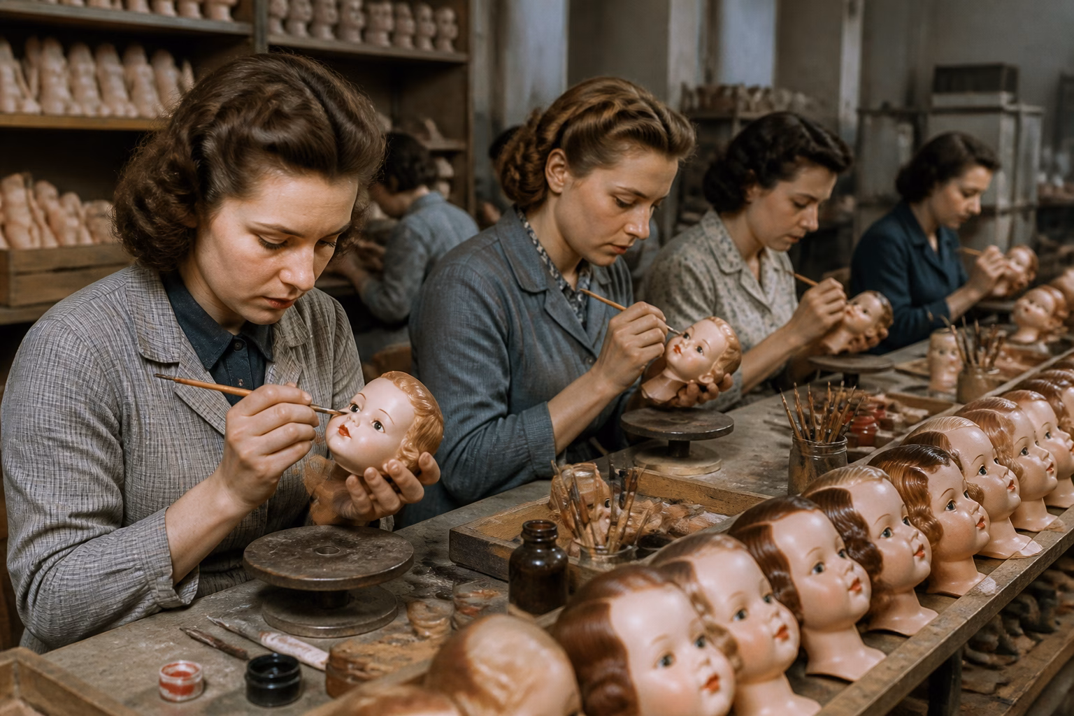 Працівниці фабрики іграшок наносять макіяж лялькам, 1950 рік