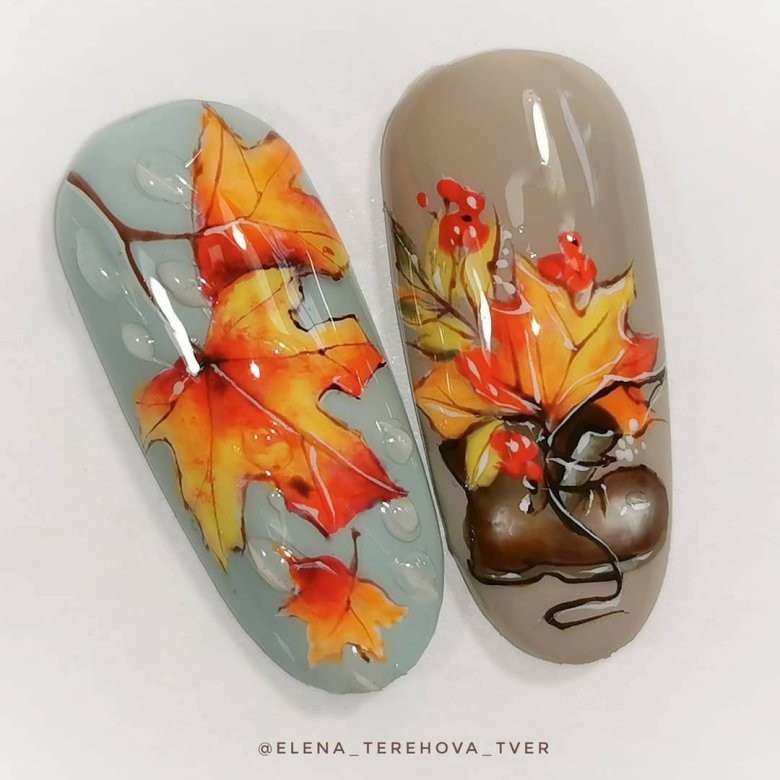 Маникюр с рисунком листьев