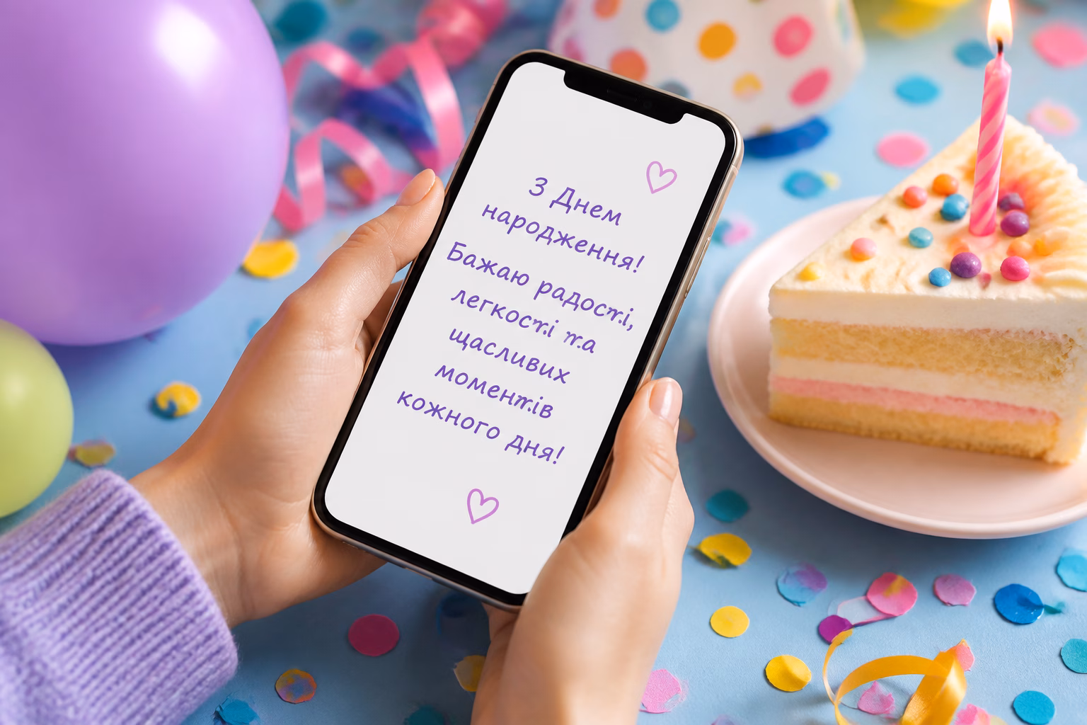 Смартфон з привітанням на День народження серед святкових прикрас