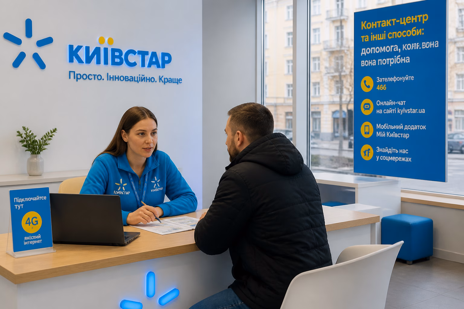 Салон зв'язку Київстар з консультантом, який допомагає клієнту перевірити тариф