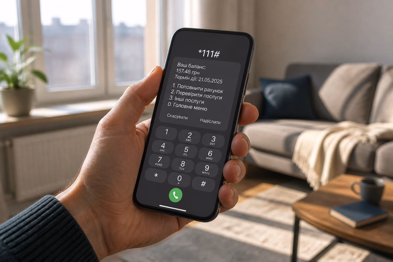 Смартфон із відкритим USSD-меню для перевірки балансу