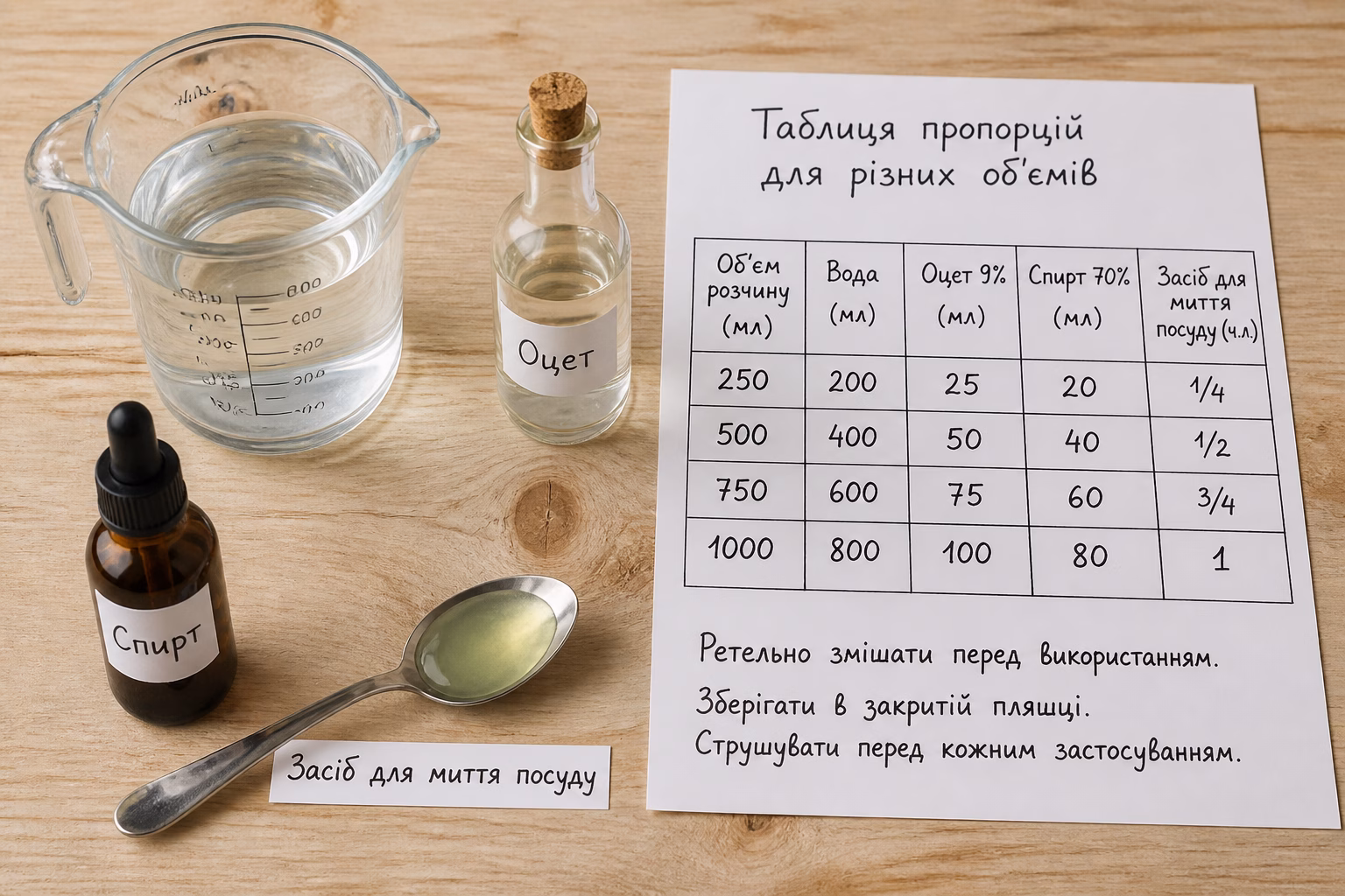 Інгредієнти та мірні ємності для приготування домашнього засобу для миття вікон за таблицею пропорцій