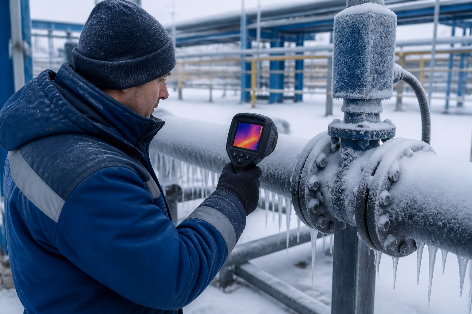 Інженер перевіряє замерзлу трубу в холодних умовах