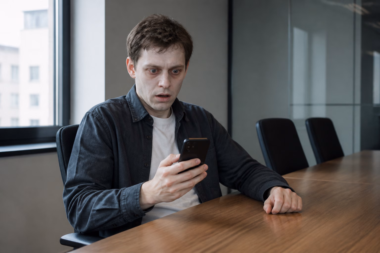 Чоловік з блідим обличчям читає погані новини в смартфоні в офісі