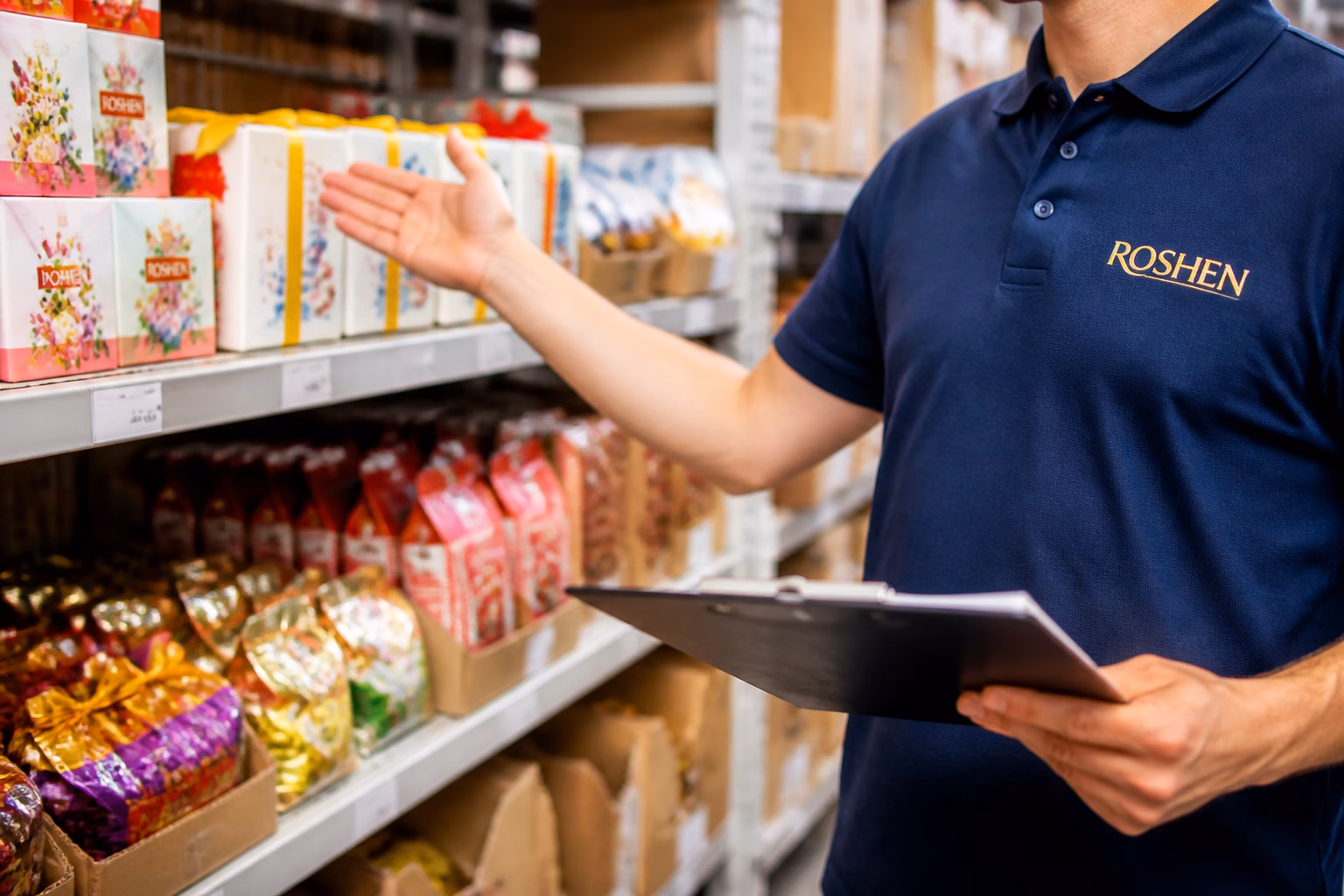 Працівник складу кондитерської продукції на тлі стелажів із солодкими подарунками