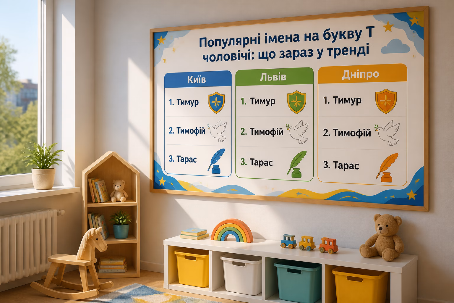 Плакат у дитячій кімнаті з трендовими іменами на «Т» та іконками