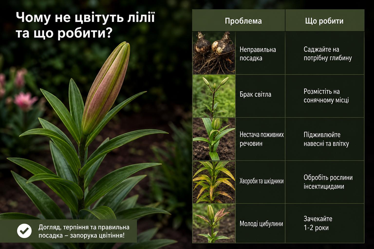 Чому не цвітуть лілії, що робити, основні причини. Таблиця порівняння проблем та способів їх вирішення